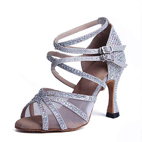 Syrads Zapatos de Baile Latino con pedrería para Mujer Salsa Tango Moderna Bachata Zapatos de Baile de Salón Suela Blanda 1057-1