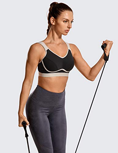 SYROKAN - Sujetador Deportivo Máximo Soporte Sin Relleno para Mujer Negro/Gris ES:100C (EU 85C) SYROKAN - Sujetador Deportivo Máximo Soporte Sin Relleno para Mujer Negro/Gris ES:100C (EU 85C)