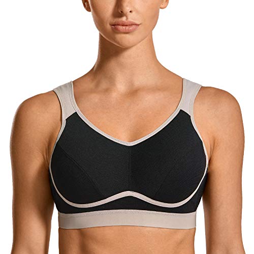 SYROKAN - Sujetador Deportivo Máximo Soporte Sin Relleno para Mujer Negro/Gris ES:100C (EU 85C)