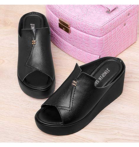 SYWJ Pantuflas de algodón Antideslizantes Chanclas de Moda clásicas, Sandalias de cuña de Cuero para Mujer, Zapatillas de tacón Alto Son Ligeras y duraderas-Black_40, Sandalias de Fitness ggsm