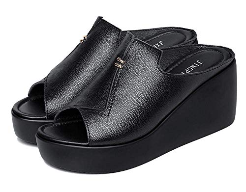 SYWJ Pantuflas de algodón Antideslizantes Chanclas de Moda clásicas, Sandalias de cuña de Cuero para Mujer, Zapatillas de tacón Alto Son Ligeras y duraderas-Black_40, Sandalias de Fitness ggsm