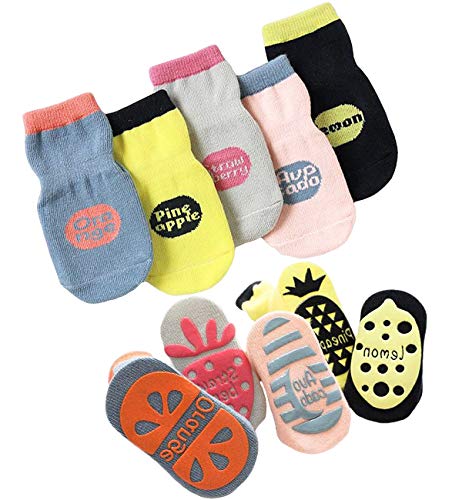 T WILKER 5 Pares de Calcetines Antideslizantes para Niños Pequeños, Bonitos Calcetines Antideslizantes con Estampado de Frutas para Niños y Niñas Recién Nacidos para Bebés de 0 a 5 Años (3-5 años)