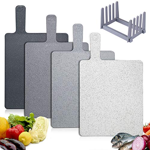 Tabla de Cortar Cocina Plástico 4 Unidades, Tablas de Cortar Con Mango y Estante, Sin BPA, Para lavavajillas, Resistencia a Altas Temperaturas, Resistente al Desgaste, Antideslizante Hodekt