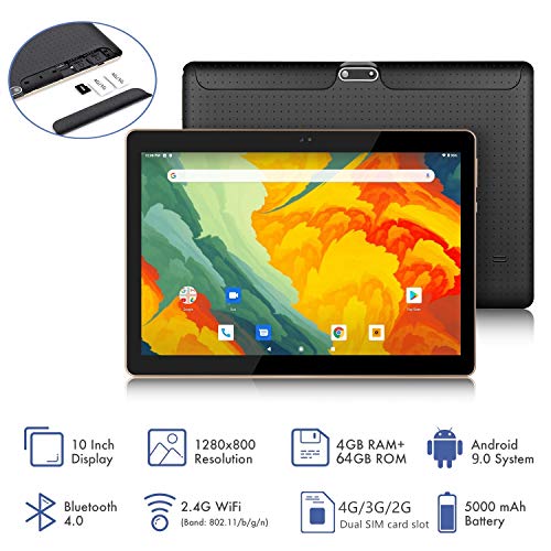 Tablet 10 Pulgadas 4G LTE WIFI BEISTA,Android 9.0 tableta,4GB RAM 64GB ROM,Quad-core,Full HD display,GPS,Bluetooth,OTG(Negro)