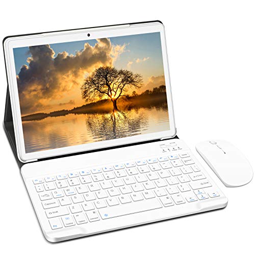 Tablet 10 Pulgadas, Android 9.0 YESTEL Tablets, 4 GB de RAM, 64 GB Ampliables hasta 128 GB, Procesador Quad-Core, Pantalla HD IPS, Dual SIM LTE/WiFi, 8000mAh Batería con Mouse y Teclado, Color Plata