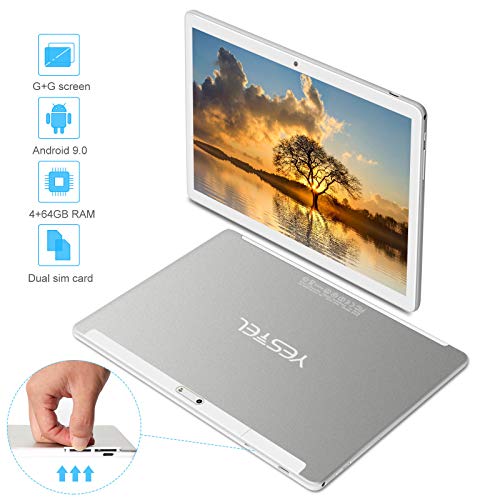 Tablet 10 Pulgadas, Android 9.0 YESTEL Tablets, 4 GB de RAM, 64 GB Ampliables hasta 128 GB, Procesador Quad-Core, Pantalla HD IPS, Dual SIM LTE/WiFi, 8000mAh Batería con Mouse y Teclado, Color Plata