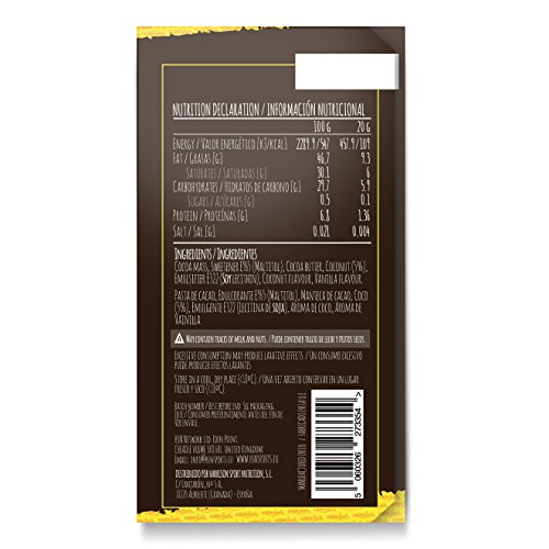 Tableta de Chocolate con Coco de HSN | Dark Coconut Chocolate | 72% Cacao y 5% Coco | Snack Fitness Saludable | Vegetariano, Sin Azúcar, Sin Gluten, Sin Aceite de Palma, Sin Grasa Trans, 100g