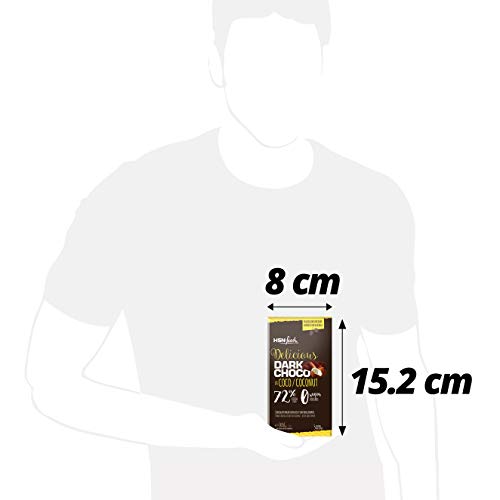 Tableta de Chocolate con Coco de HSN | Dark Coconut Chocolate | 72% Cacao y 5% Coco | Snack Fitness Saludable | Vegetariano, Sin Azúcar, Sin Gluten, Sin Aceite de Palma, Sin Grasa Trans, 100g