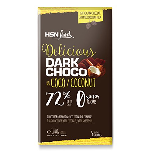 Tableta de Chocolate con Coco de HSN | Dark Coconut Chocolate | 72% Cacao y 5% Coco | Snack Fitness Saludable | Vegetariano, Sin Azúcar, Sin Gluten, Sin Aceite de Palma, Sin Grasa Trans, 100g