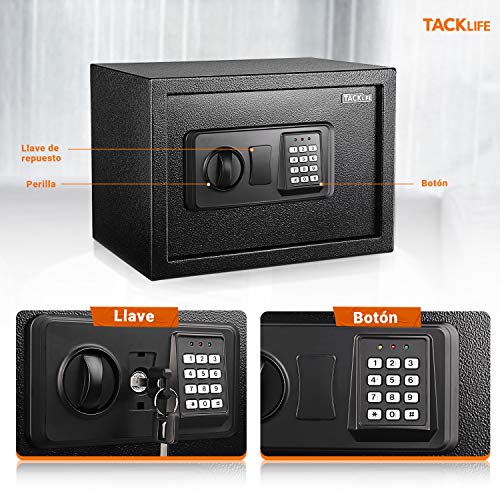 TACKLIFE - 14L Caja Fuerte ( 35 x 25 x 25 cm), con Cerradura Electrónica y Llave de Emergencia, Montable en la pared, Súper Seguridad, Puede Almacenar Documentos Importantes, Joyas, Efectivo-HES25A