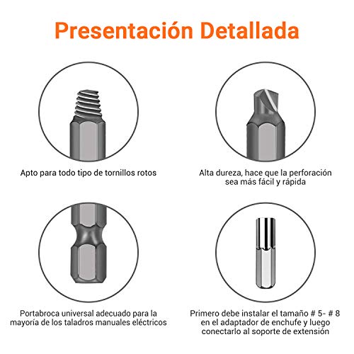 TACKLIFE 18PCS Extractor de Tornillos, Brazo Extensor para Broca Magnetizado y Adaptador para Tornillos y Pernos Dañados Desde 2mm hasta 12mm, Dureza 62HRC, DSE01