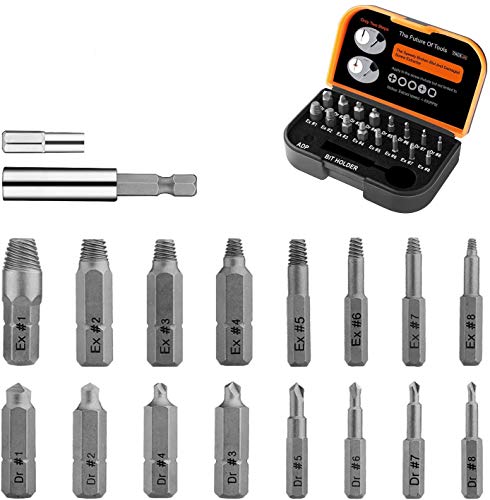 TACKLIFE 18PCS Extractor de Tornillos, Brazo Extensor para Broca Magnetizado y Adaptador para Tornillos y Pernos Dañados Desde 2mm hasta 12mm, Dureza 62HRC, DSE01