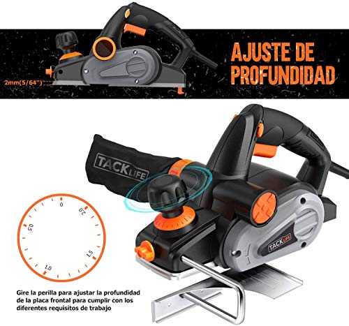 TACKLIFE Cepillo Eléctrico Madera 710W 16500RPM, Ancho de cepillado de 82 mm e Profundidad 2mm, Guía de Corte y Bolsa de Polvo, Cepilladora Eléctrica ideal para el bricolaje | EPN01A