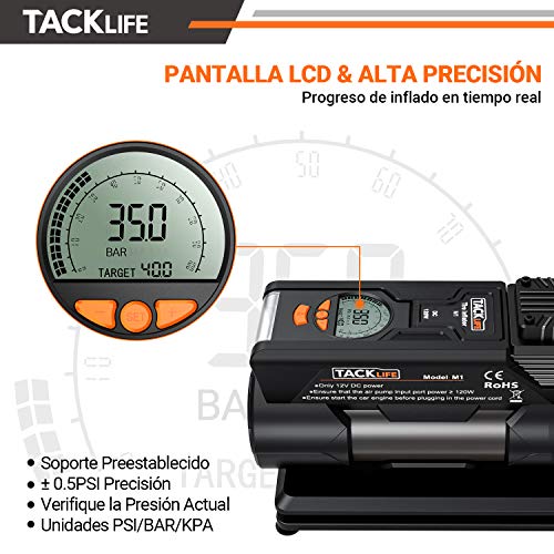 TACKLIFE M1 Compresor Aire Coche, 40L / Min Inflador Digital, 12V 150PSI Poco Ruido Compresor de Aire, Bomba Electrico con Manómetro, Pantalla LCD