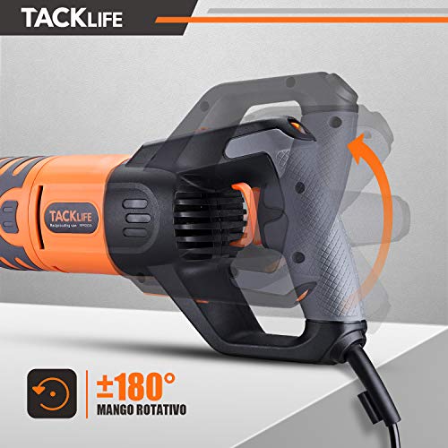 TACKLIFE Sierra Sable 1050W, ±180° Manija Giratoria, Velocidad Variable a 800-2700SPM, Avanzado Sierra Sable con 6 Cuchillas para Madera y Metal, Luces LED, Carrera de Corte de 28 mm - RPRS03A