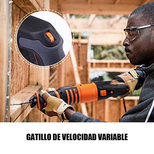 TACKLIFE Sierra Sable 1050W, ±180° Manija Giratoria, Velocidad Variable a 800-2700SPM, Avanzado Sierra Sable con 6 Cuchillas para Madera y Metal, Luces LED, Carrera de Corte de 28 mm - RPRS03A