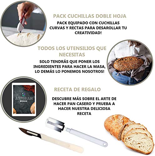 TACKLY Kit para Hacer Pan con Receta y Pack de Utensilios panadería – Banneton para Pan, Cesta de fermentación Masa – Cesta Pan casero con Bolsa, rasqueta panadera, raspador, Cuchilla greñar