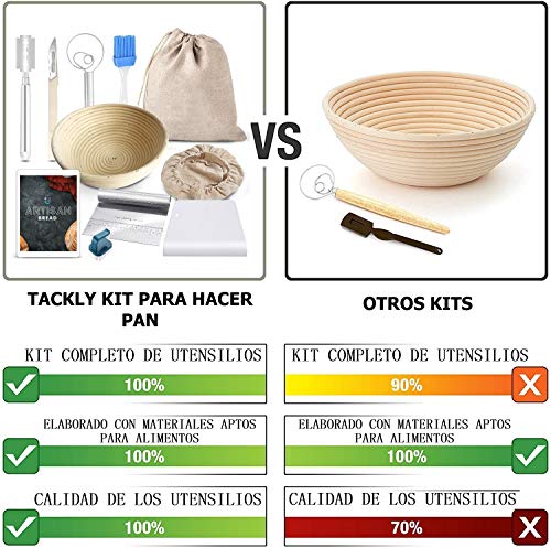 TACKLY Kit para Hacer Pan con Receta y Pack de Utensilios panadería – Banneton para Pan, Cesta de fermentación Masa – Cesta Pan casero con Bolsa, rasqueta panadera, raspador, Cuchilla greñar