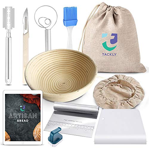 TACKLY Kit para Hacer Pan con Receta y Pack de Utensilios panadería – Banneton para Pan, Cesta de fermentación Masa – Cesta Pan casero con Bolsa, rasqueta panadera, raspador, Cuchilla greñar