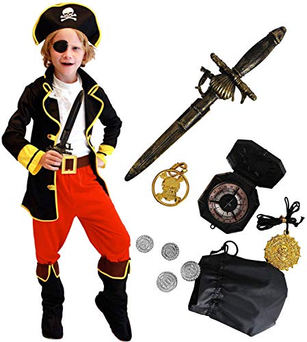 Tacobear Disfraz Pirata Niño con Pirata Accesorios Pirata Sombrero Parche Daga brújula Monedero Pendiente Pirata Disfraz de Halloween Niños (M 4-6 años)