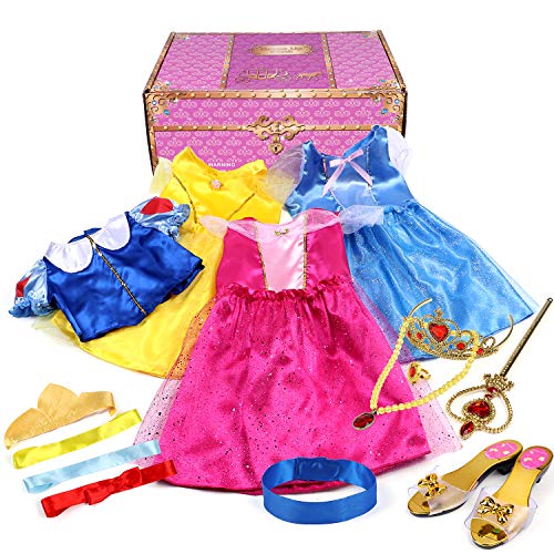 Tacobear Disfraz Princesa Niña Vestidos Princesa con Corona Varita Mágica Collar Anillo Diadema Zapatos Princesa Cosplay Traje Cenicienta Blancanieves Bella Aurora Disfraces Niña para Princesa Fiesta