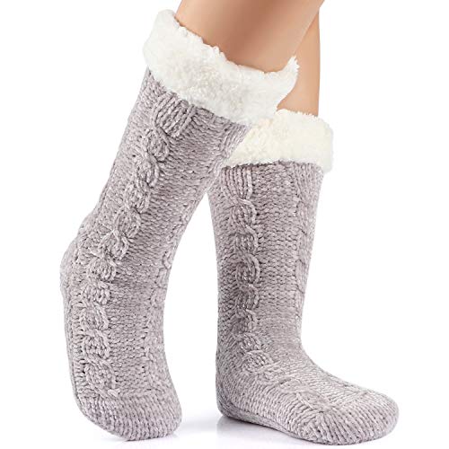 Tacobear Zapatillas Casa Mujer Calcetines Antideslizantes Cálido Calcetines Invierno con suela Calcetines Zapatilla Gruesos Lana Calcetines de Piso para Mujer Hombres (Gris claro, sin pompom)