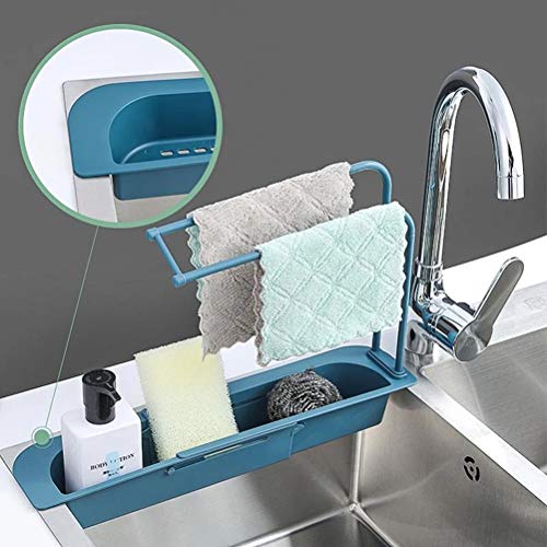 taianle Soporte para Rack de Fregadero Soporte de Esponja de Longitud Ajustable Rack de Almacenamiento para Fregadero con Toallero para Cocina Doméstica Instalación Fácil