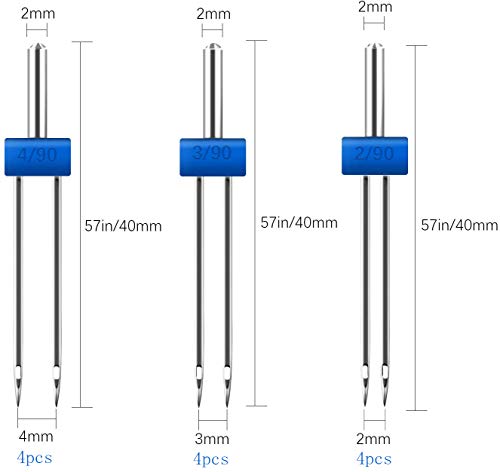 TANGGER 12PCS Agujas Gemelas Doble Aguja Maquina de Coser Twin Needle 2/90 3/90 4/90,Prensatelas para Máquina de Coser Doméstica 3mm/4mm