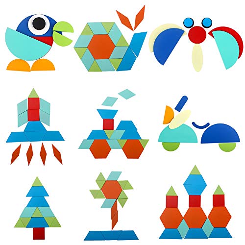 Tangram de Madera swonuk 160 Piezas Puzzle de Madera + 60 PCS Diseño Tarjetas de Apilamientos Juguetes Educativos para Niños Pequeños