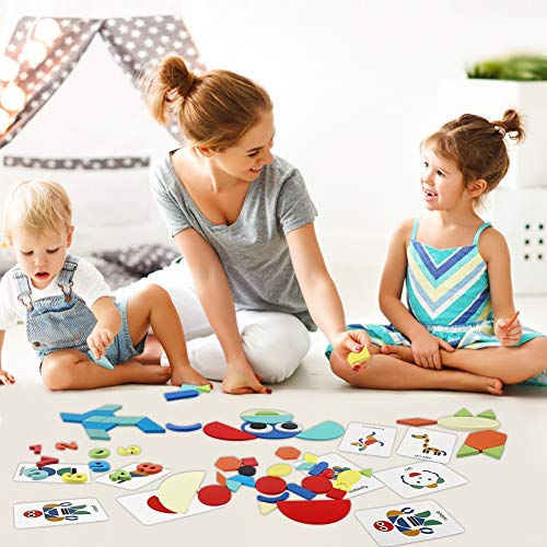 Tangram de Madera swonuk 160 Piezas Puzzle de Madera + 60 PCS Diseño Tarjetas de Apilamientos Juguetes Educativos para Niños Pequeños