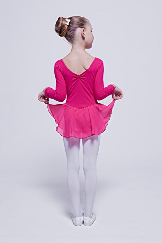 tanzmuster Maillot de Ballet 'Anna' con faldita de Gasa de Manga Larga para niñas en Fucsia, 104/110 (5-6 años)