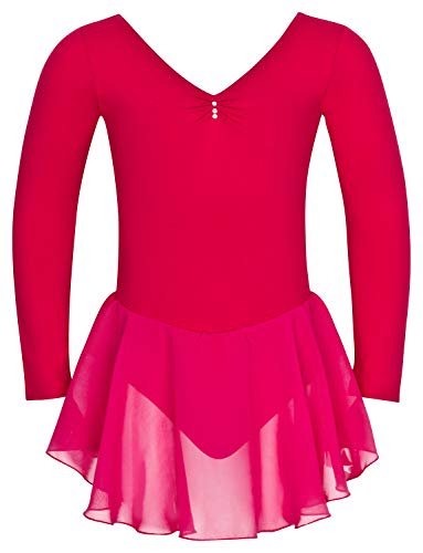 tanzmuster Maillot de Ballet 'Anna' con faldita de Gasa de Manga Larga para niñas en Fucsia, 104/110 (5-6 años)