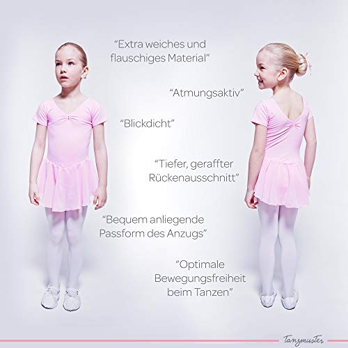 tanzmuster Maillot de Ballet 'Betty' con faldita de Gasa de Manga Corta para niñas en Rosa, 92/98 (3-4 años)