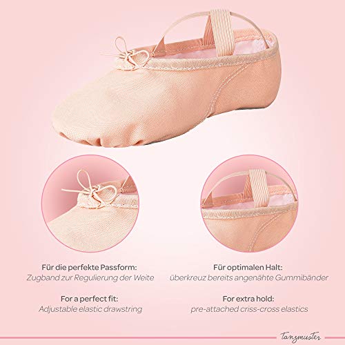 tanzmuster Zapatillas Media Punta de Ballet - Lino, Suela Partida de Cuero - Rosa Albaricoque - Talla: 22