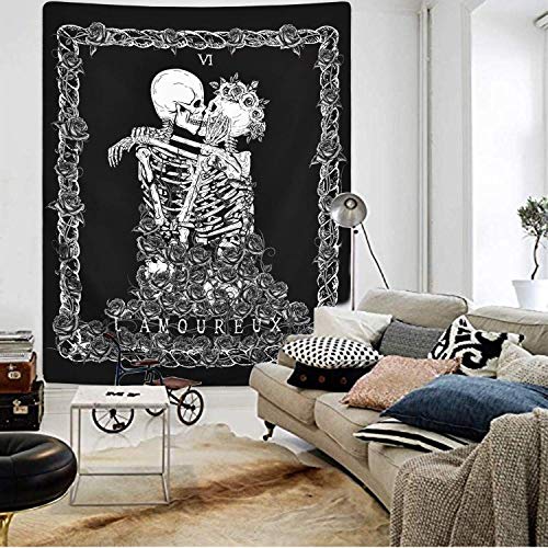 Tapiz de Calavera Los Amantes de los Besos Tapiz Colgante de Pared En Blanco y Negro Tapiz de Esqueleto Humano con Corona de Rosas Tapices de decoración para el hogar