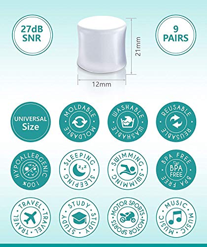 Tapones Oídos de Medi Grade [9 Pares] – Tapones Oidos de Silicona para los Oídos de Ajuste Personalizado - Tapones Oidos Dormir que Bloquean 27dB Anti Ronquidos - Incluye Estuche y Cinta de Pelo