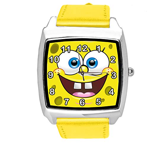 taport® Esponja Bob Cuadrado Pantalones cuarzo squarewatch amarillo piel banda + libre batería de repuesto + libre bolsa de regalo