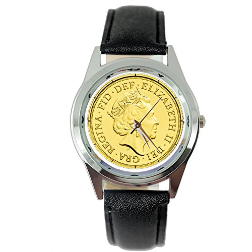 taport® Reina Elizabeth Moneda de Oro Ronda de Cuarzo Reloj Negro Dial de Banda de Piel Real + Libre batería de Repuesto + Libre Bolsa de Regalo