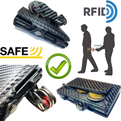 : Tarjeteros para Tarjetas De Credito Carteras Hombre Pequeña Protegida En Cuero Y Fibra De Carbono Aluminio Inteligente Protección contra El RFID NFC (Gris)