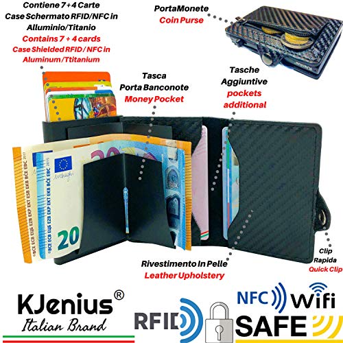 : Tarjeteros para Tarjetas De Credito Carteras Hombre Pequeña Protegida En Cuero Y Fibra De Carbono Aluminio Inteligente Protección contra El RFID NFC (Gris)