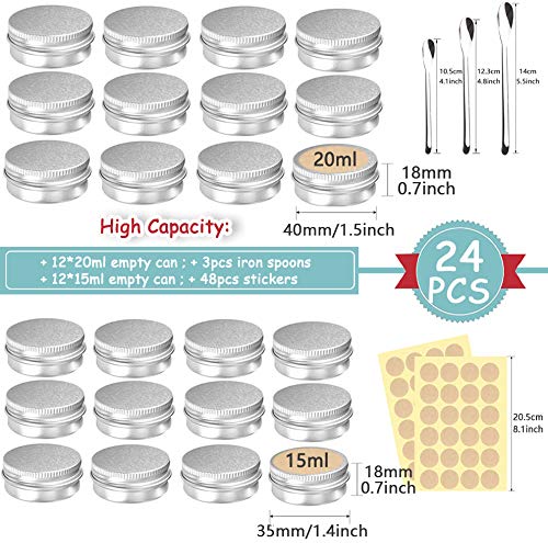 Tarros de Aluminio Vacío, Frasco de Aluminio Plateado, 24 Piezas Frasco para Cosméticos con 3 cucharas de Hierro y Adhesivos, Frasco de Crema Viaje, Bálsamos Labial, Cosméticos, Velas, Loción (Plata)