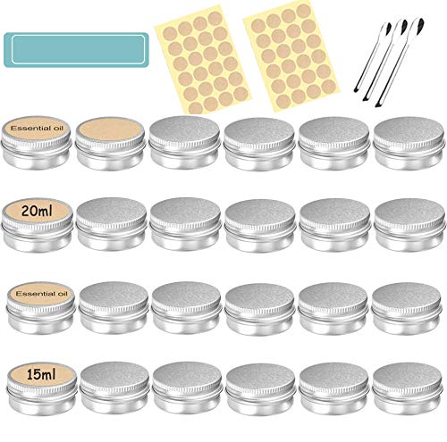 Tarros de Aluminio Vacío, Frasco de Aluminio Plateado, 24 Piezas Frasco para Cosméticos con 3 cucharas de Hierro y Adhesivos, Frasco de Crema Viaje, Bálsamos Labial, Cosméticos, Velas, Loción (Plata)