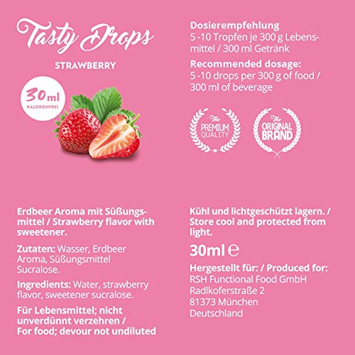 Tasty Drops de GymQueen 30 ml | Gotas de sabores sin calorías, sin azúcar y sin grasa | Gotas de aroma para endulzar la comida | Fresa