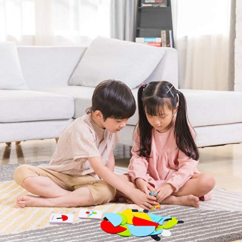 TATAFUN Tangram Madera, Rompecabezas de Madera Bloques, 36 PCS Montessori Puzzle de Madera + 60 PCS Diseño Tarjetas de Apilamiento Juegos y Juguetes Educativos Clasificación de la Infancia