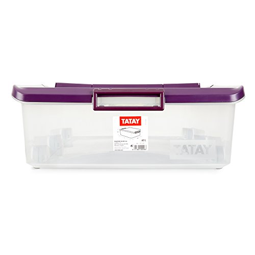 Tatay 1151120 Caja de Almacenamiento Multiusos Bajo Cama con Tapa y Ruedas, 63 l de Capacidad, Plástico Polipropileno Libre de BPA, Transparente con Tapa Morada, 45 x 78 x 18 cm