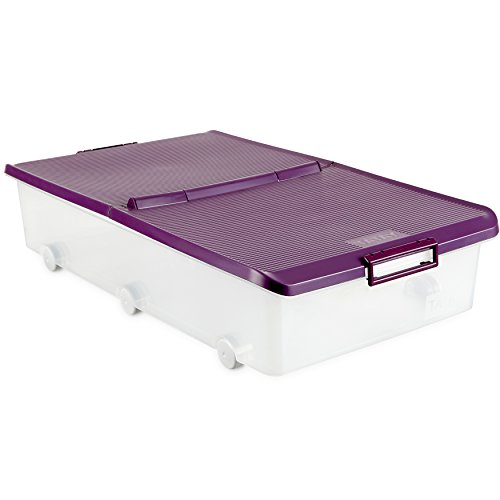 Tatay 1151120 Caja de Almacenamiento Multiusos Bajo Cama con Tapa y Ruedas, 63 l de Capacidad, Plástico Polipropileno Libre de BPA, Transparente con Tapa Morada, 45 x 78 x 18 cm