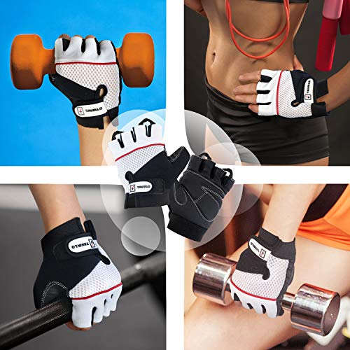 TAVIALO Guantes de Fitness para Mujer M (16-19 cm), Color Negro/Blanco/Rojo, Guantes de Gimnasio Mujer para Crossfit Bodybuilding Bicicleta Entrenamiento Deporte. Palma en Piel, Dorso Transpirable