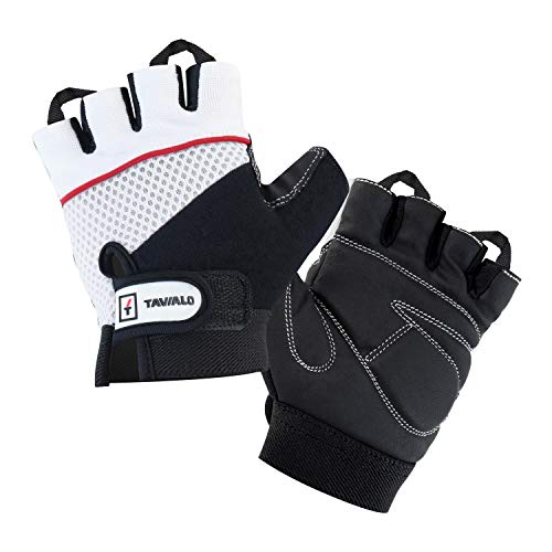 TAVIALO Guantes de Fitness para Mujer M (16-19 cm), Color Negro/Blanco/Rojo, Guantes de Gimnasio Mujer para Crossfit Bodybuilding Bicicleta Entrenamiento Deporte. Palma en Piel, Dorso Transpirable