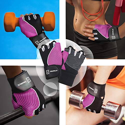 TAVIALO Guantes de Fitness para Mujer M (16-19 cm), Color Rosa/Negro/Blanco, Guantes de Gimnasio Mujer para Crossfit Bodybuilding Bicicleta Entrenamiento Deporte. Palma en Piel, Dorso Transpirable