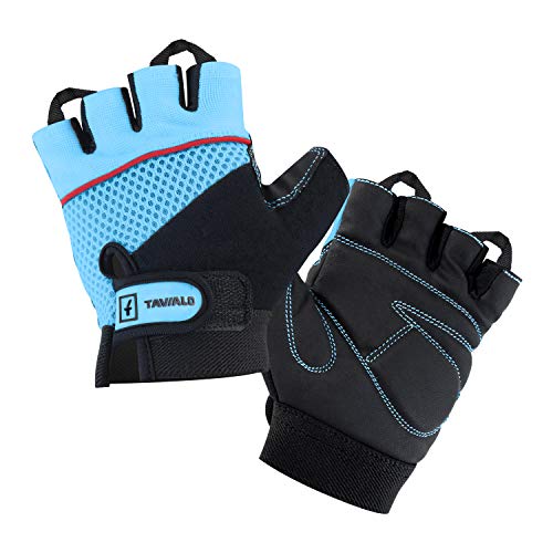 TAVIALO Guantes de Fitness para Mujer S (13-16 cm), Color Azul/Negro/Rojo, Guantes de Gimnasio Mujer para Crossfit Bodybuilding Bicicleta Entrenamiento Deporte. Palma en Piel, Dorso Transpirable